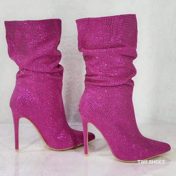 Resolve Sparkling Pink Rhinestone High Heel Slouch Calf Boots New Years Bling - Picture 3 of 15